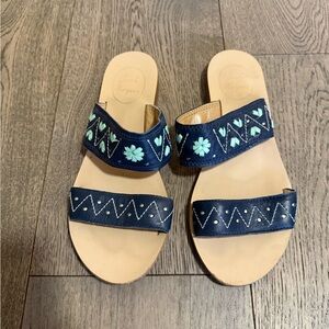 Jack Rogers Blue Leather Embroidered Sandals